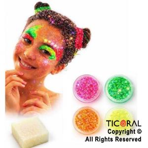 KIT MAQUILLAJE ARTISTICO FLUO CON GLITTER AMARILLO FUCSIA NARANJA Y VERDE ( 8 GR) + ESPONJA (19-01)